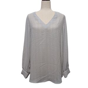 Adrianna Papell Semi-Sheer V-Neck Black & White Polka Dot Blouse Long Sleeve